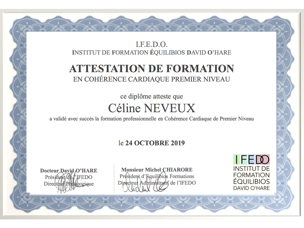 Formation chez : IFEDO, pour : Certification en Cohérence Cardiaque 1er niveau en 2019