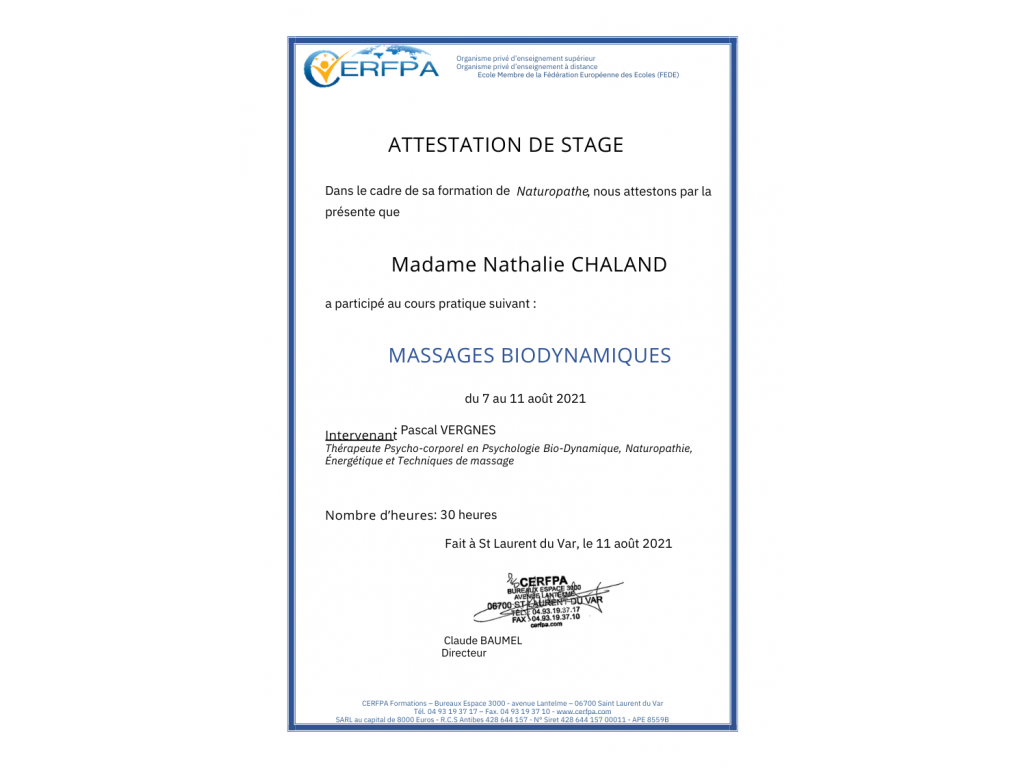 Formation chez : CERFPA, pour : Massage biodynamiques en 2022