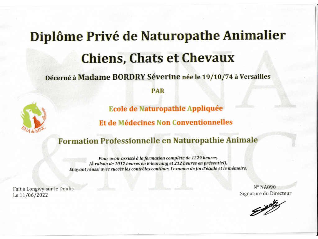 Formation chez : Ena et MNC, pour : Naturopathe animalier en 2022