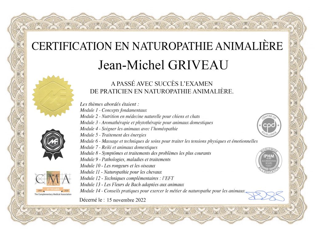Formation chez : Me former accréditée par  l’IPHM (International Practitioners of HolisticMedecine), CMA, CPD, pour : Praticien en Naturopathie Animalière en 2022