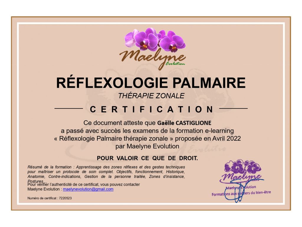 Formation chez : Maelyne formation, pour : Réflexologie palmaire en 2022