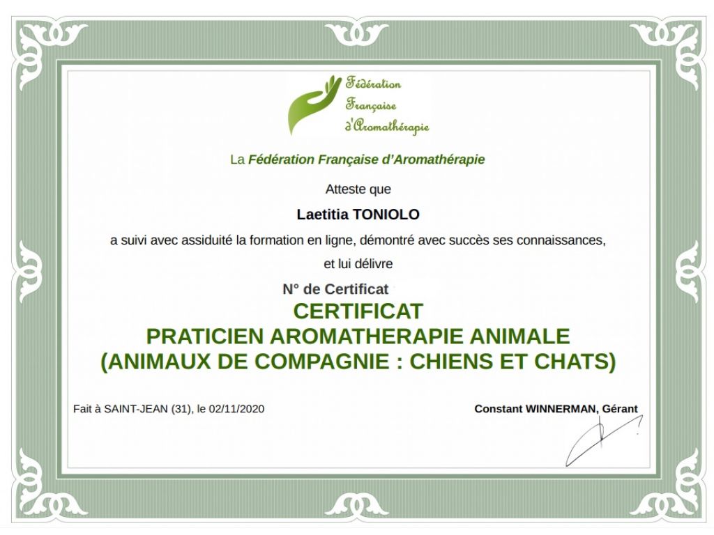 Formation chez : Fédération Française d'aromathérapie, pour : Praticien aromathérapie animale (chiens & chats) en 2020