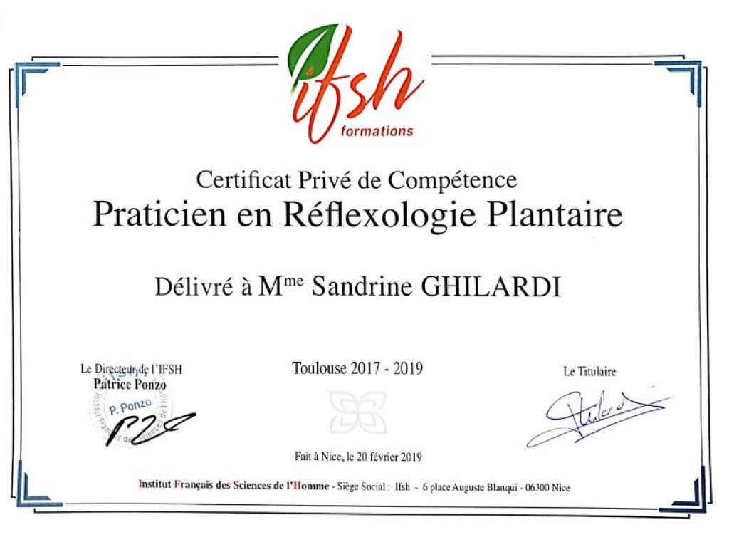 Formation chez : IFSH, pour : Praticienne en réflexologie plantaire en 2019