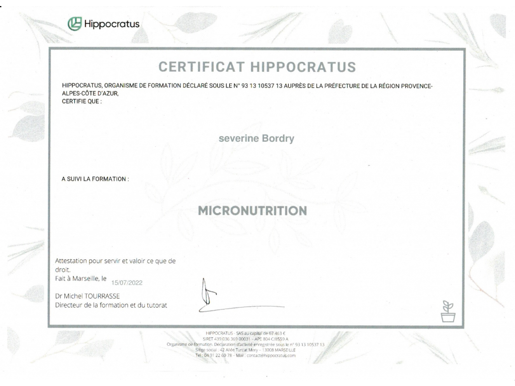 Formation chez : Hyppocratus, pour : Micronutrition en 2022