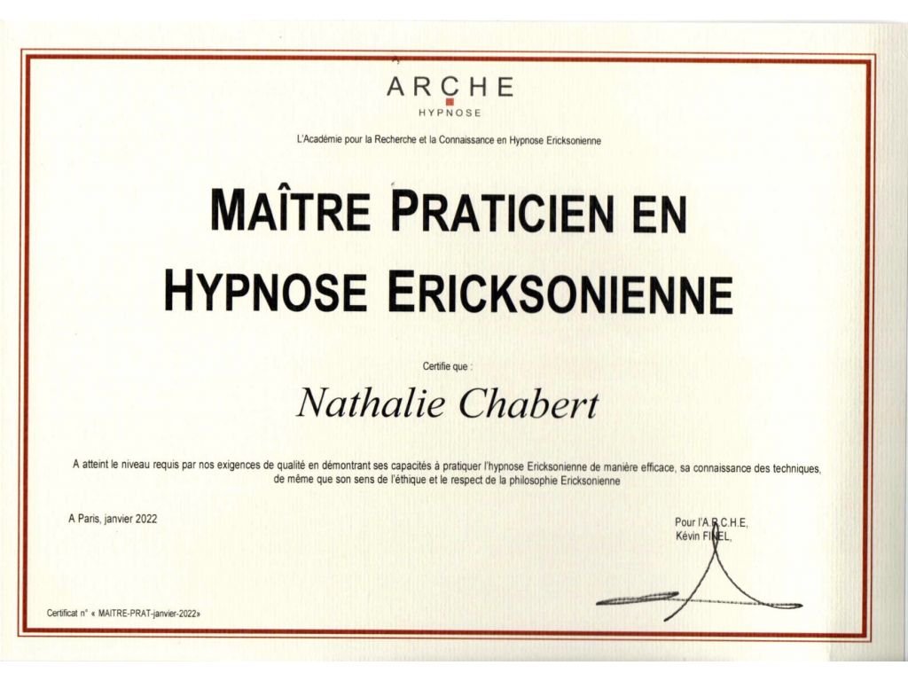 Formation chez : A.R.C.H.E. (Académie de Recherche et Connaissance en Hypnose Ericksonienne), pour : Maitre Praticienne en Hypnose Ericksonienne en 2022
