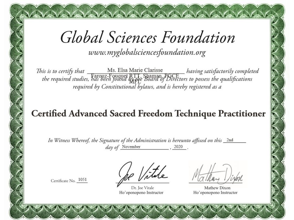 Formation chez : Global Sciences Foundation, pour : Sacred Freedom Technique practitioner en 2020