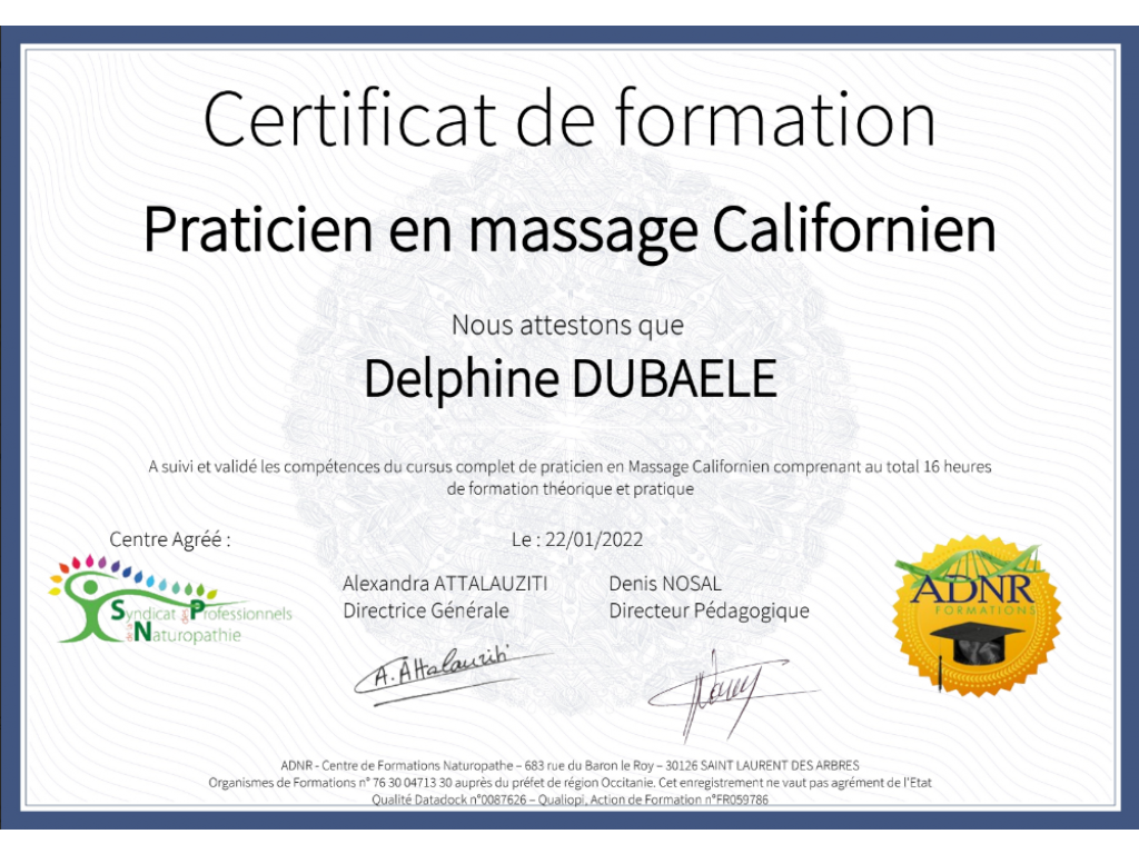 Formation chez : ADNR formations, pour : Praticienne en massage californien en 2022