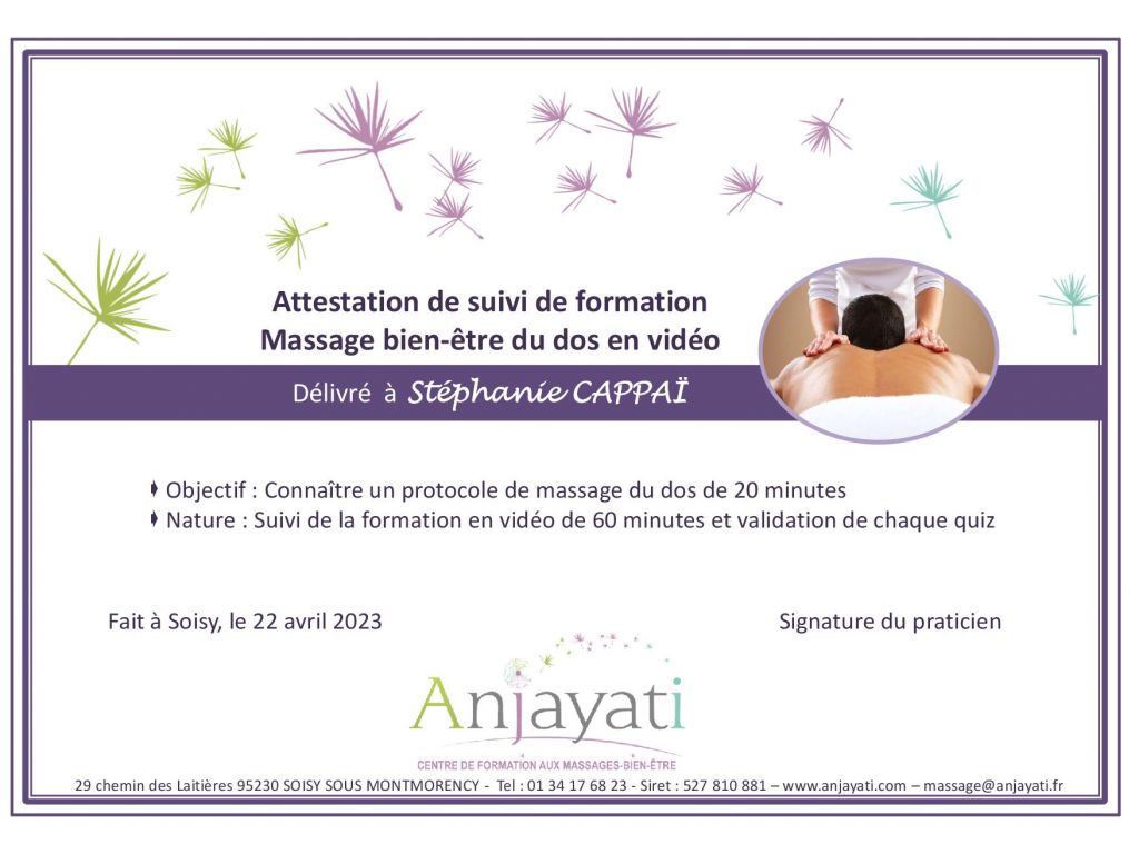 Formation chez : Anjayati, pour : Massage Bien-être du Dos en 2023