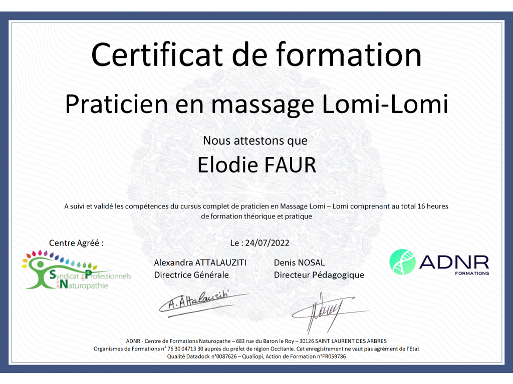 Formation chez : ADNR Formation, pour : Massage Lomi-Lomi en 2022