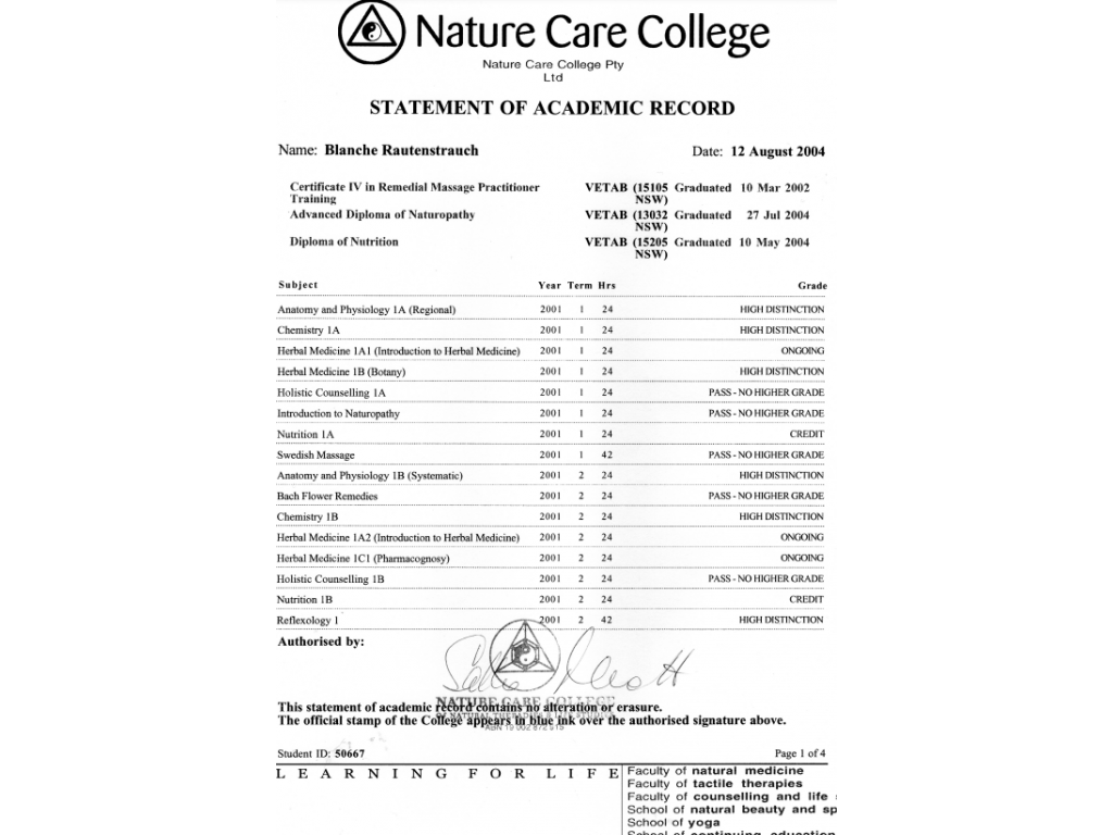 Formation chez : Nature Care College, pour : Naturopathie et nutrition en 2004