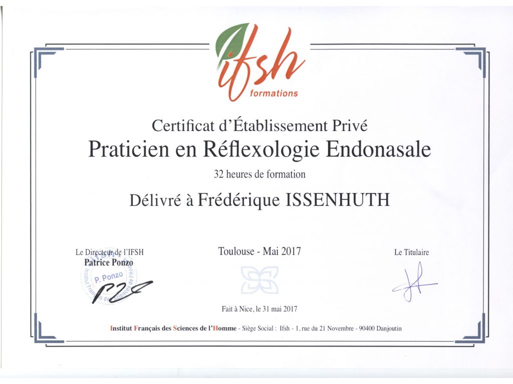 Formation chez : IFSH Toulouse, pour : Praticienne en Réflexologie endonasale en 2017