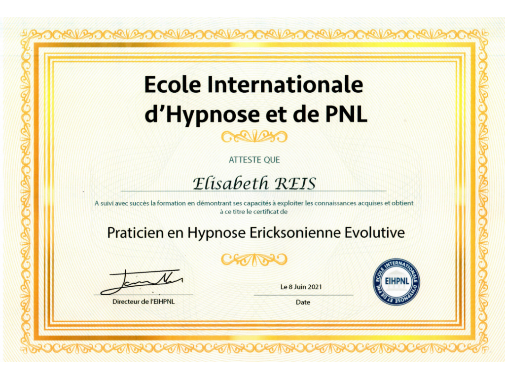 Formation chez : Ecole Internationale d'Hypnose et de PNL, pour : Praticien en Hypnose Ericksonienne Evolutive en 2021