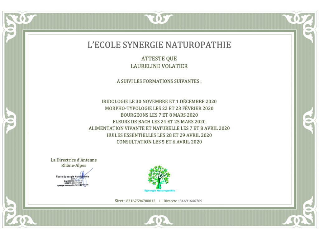 Formation chez : École Synergie Naturopathie, pour : Naturopathie - Stages validés en 2020