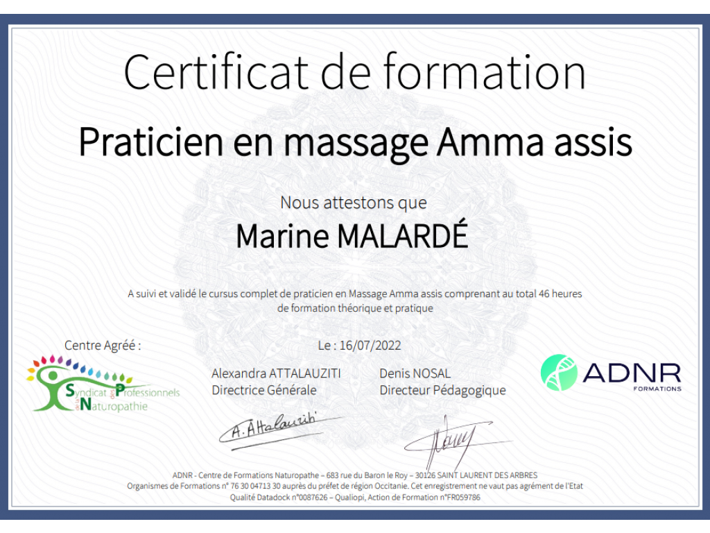 Formation chez : ADNR, pour : Praticienne en massage Amma assis en 2022