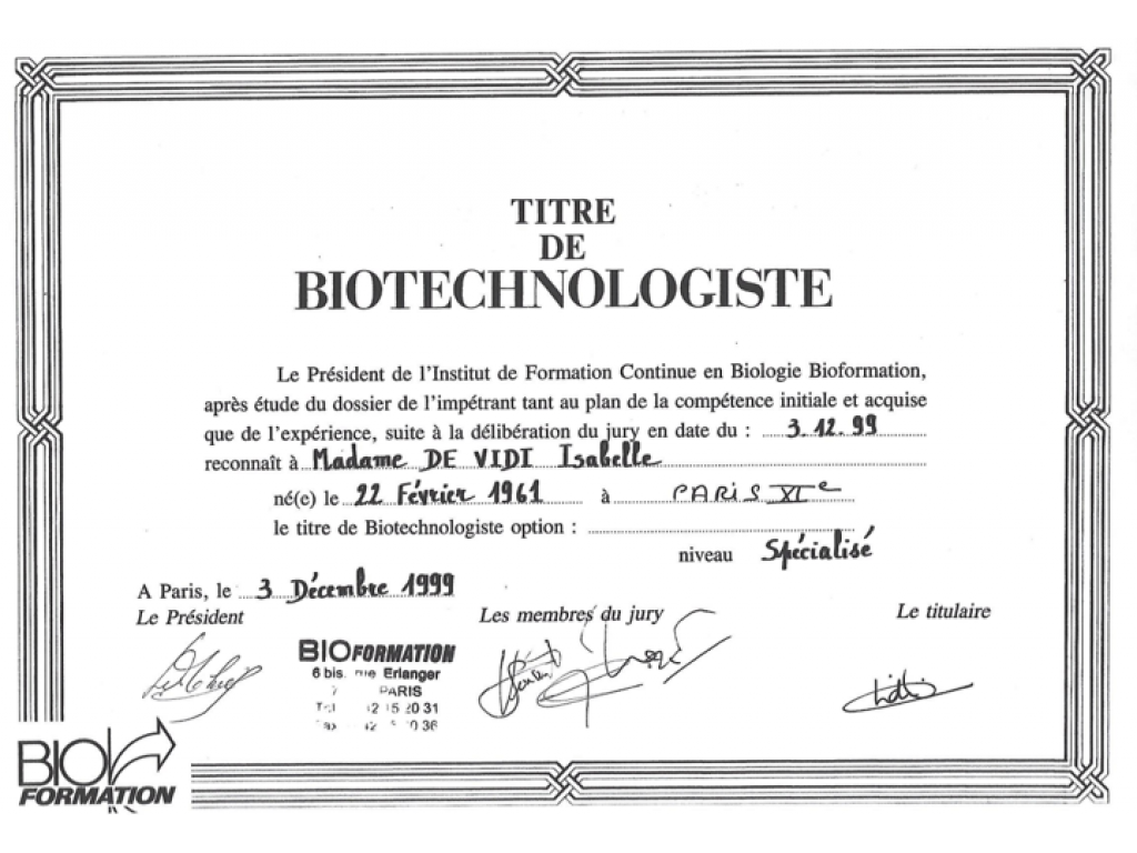 Formation chez : Bioformation, PAris 13è, pour : Titre de biotechnologiste spécialisée en 1999