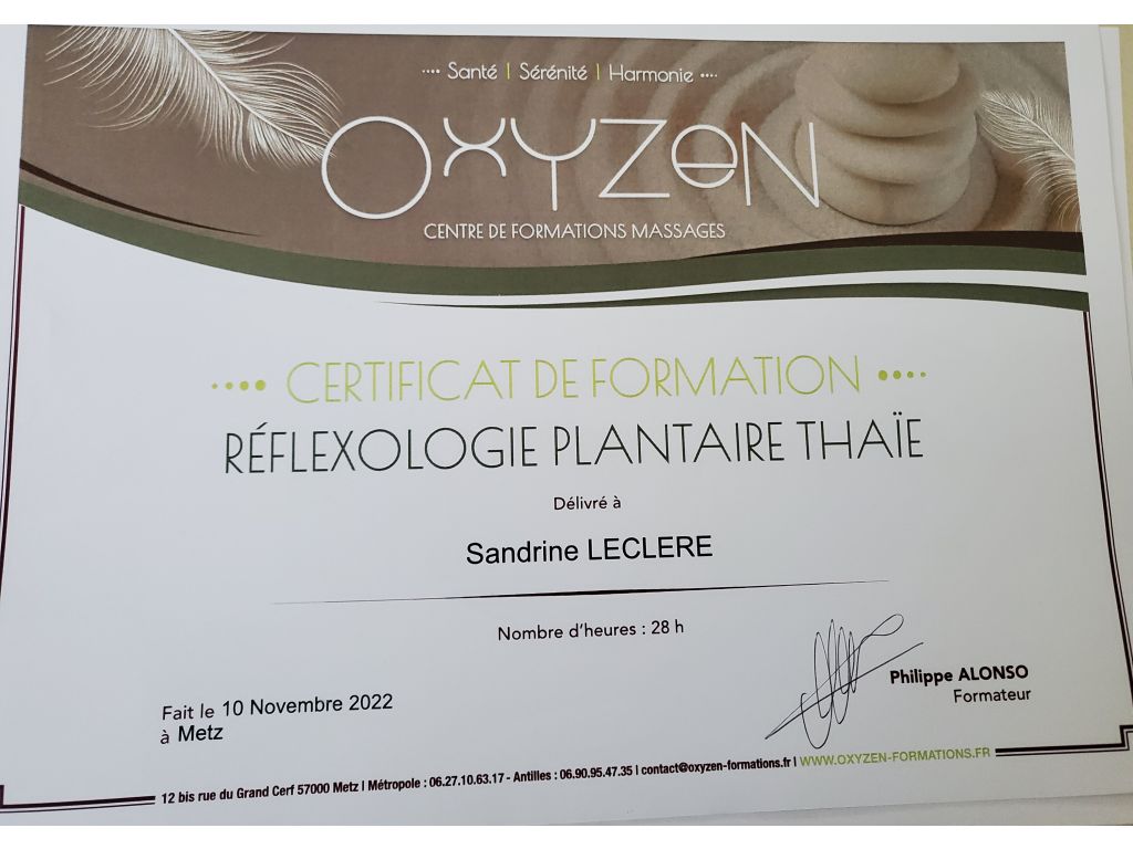 Formation chez : Centre de formation Oxyzen, pour : certificat réflexologie plantaire Thaï en 2022