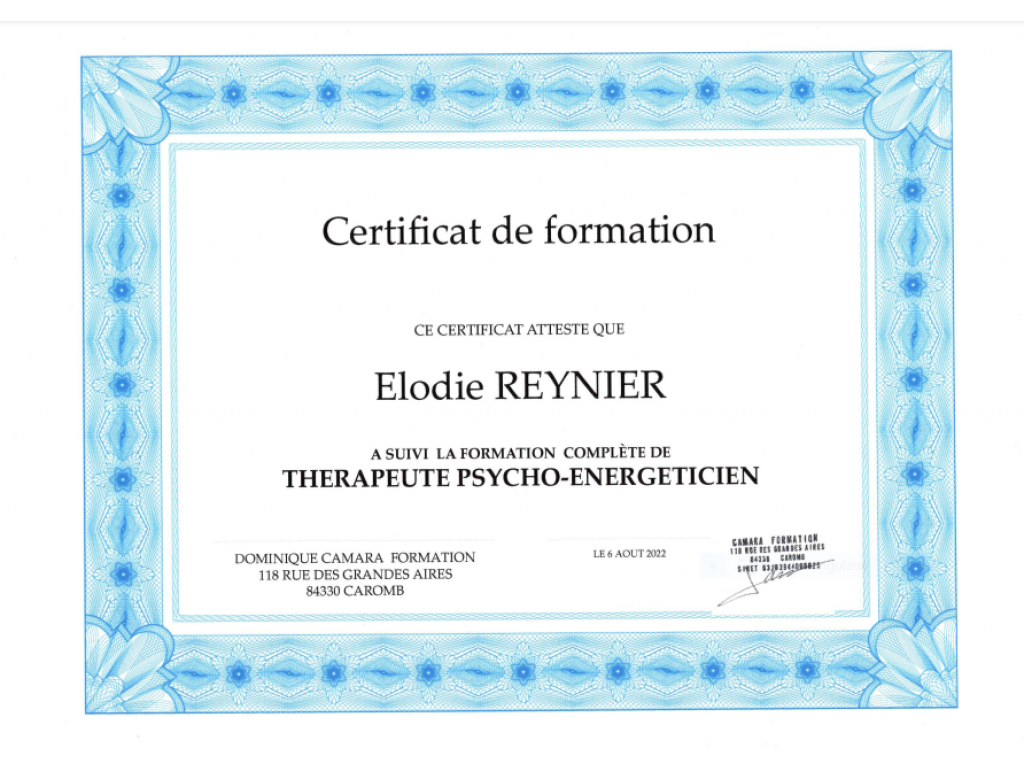 Formation chez : Centre de formation Dominique CAMARA, pour : Thérapeute psycho-énergéticienne en 2022