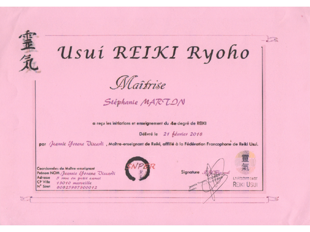 Formation chez : Jeannie Viscardi, pour : Reiki Usui 4ème degré Maitrise en 2018