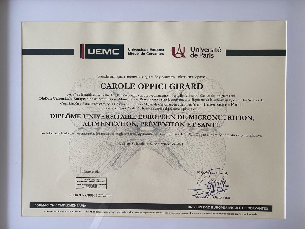 Formation chez : Université de Médecine Paris Descartes & UEMC, pour : Diplôme européen Universitaire en Micro Nutrition en 2021