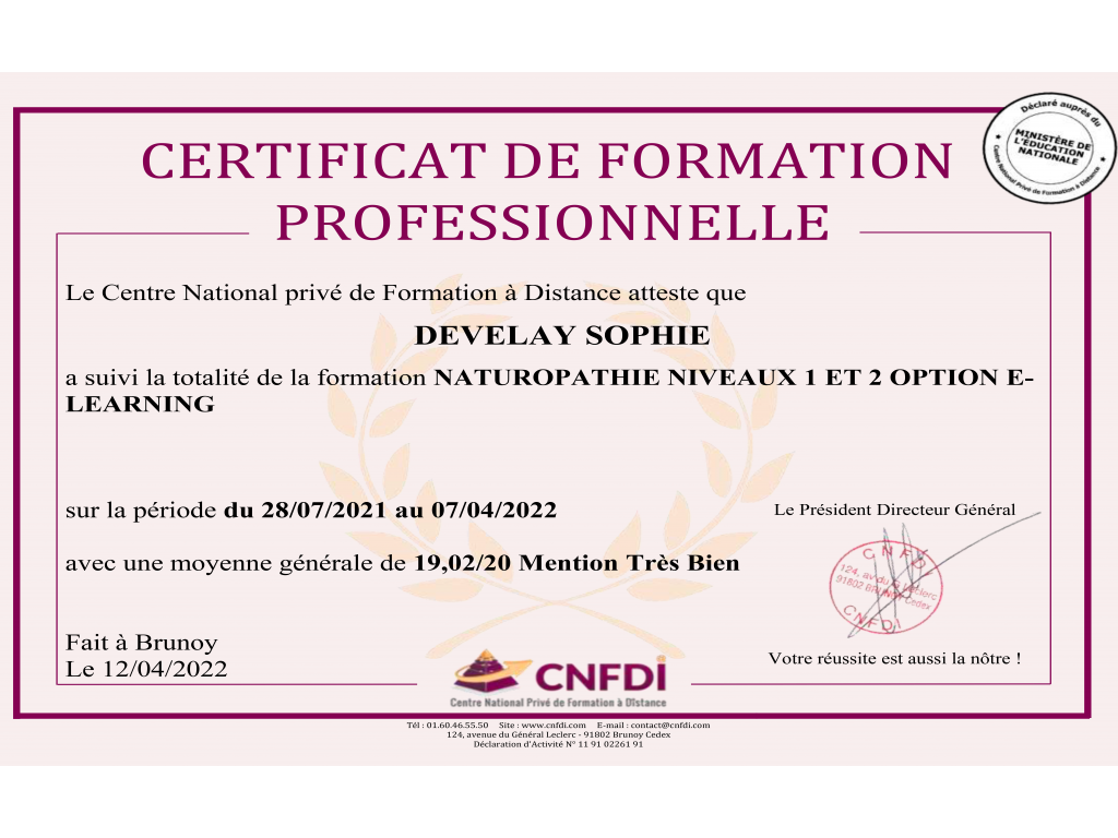Formation chez : CNFDI, pour : naturopathie niveau 1 et 2 en 2022
