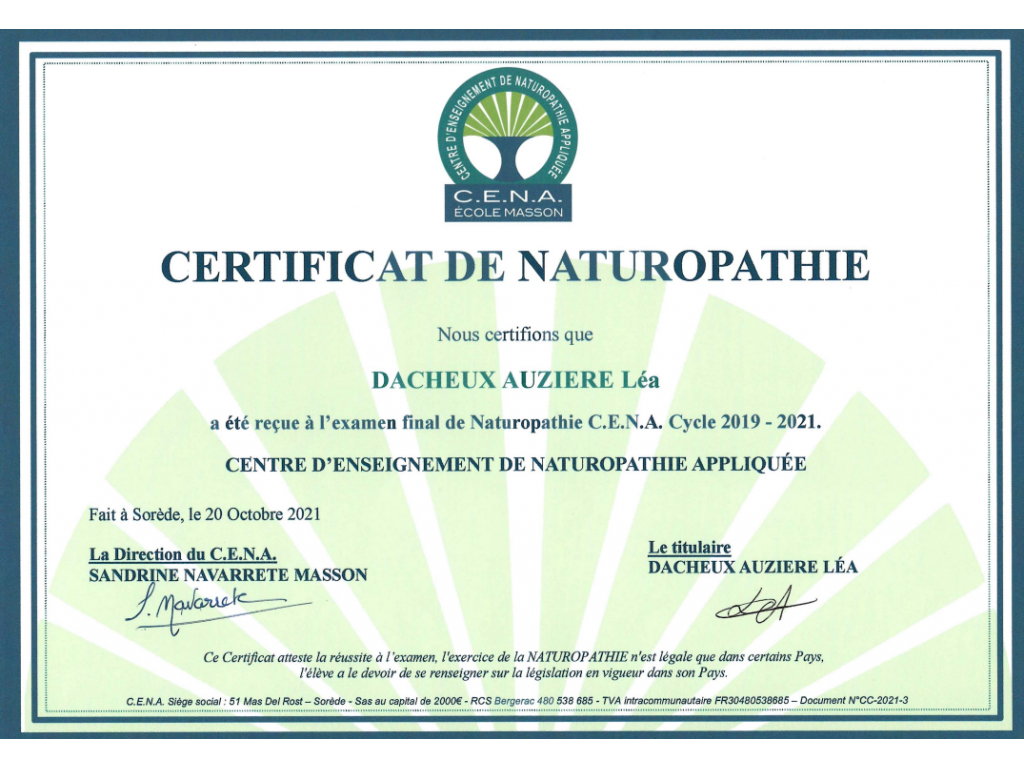 Formation chez : CENA, pour : Naturopathie en 2021