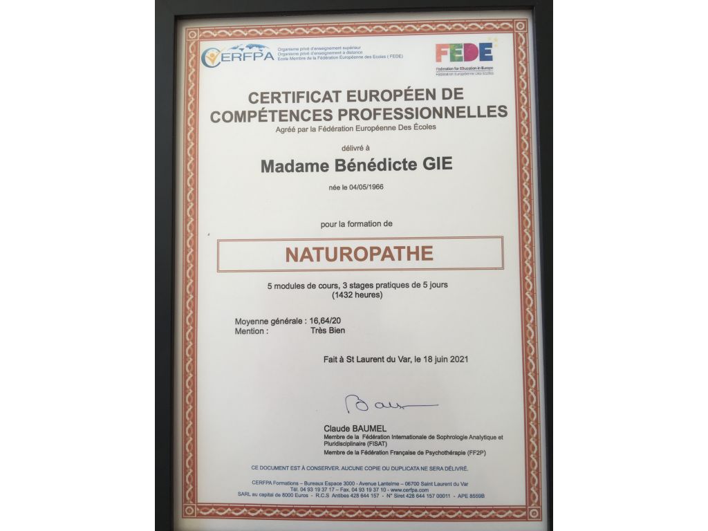 Formation chez : CERFPA, pour : Certificat européen de compétences professionnelles de naturopathe en 2021