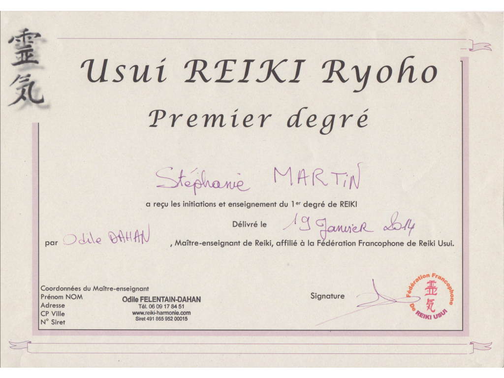 Formation chez : Odile Dahan, pour : Reiki Usui 1er degré en 2014