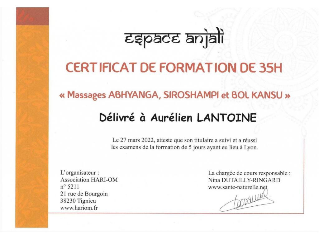 Formation chez : Espace Anjali, pour : Praticien massages abhyanga, shiroshampi et bol kansu en 2022