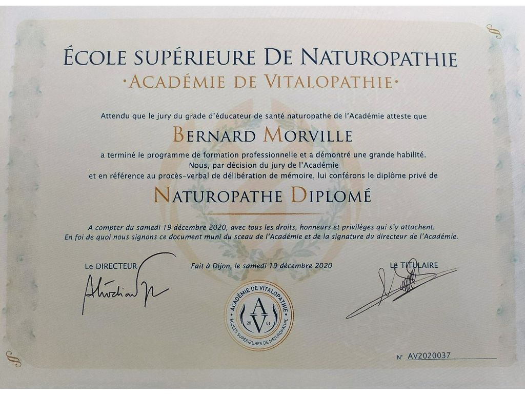 Formation chez : Ecole Supérieure de Naturopathie - Académie de Vitalopathie, pour : Naturopathe Diplômé en 2020