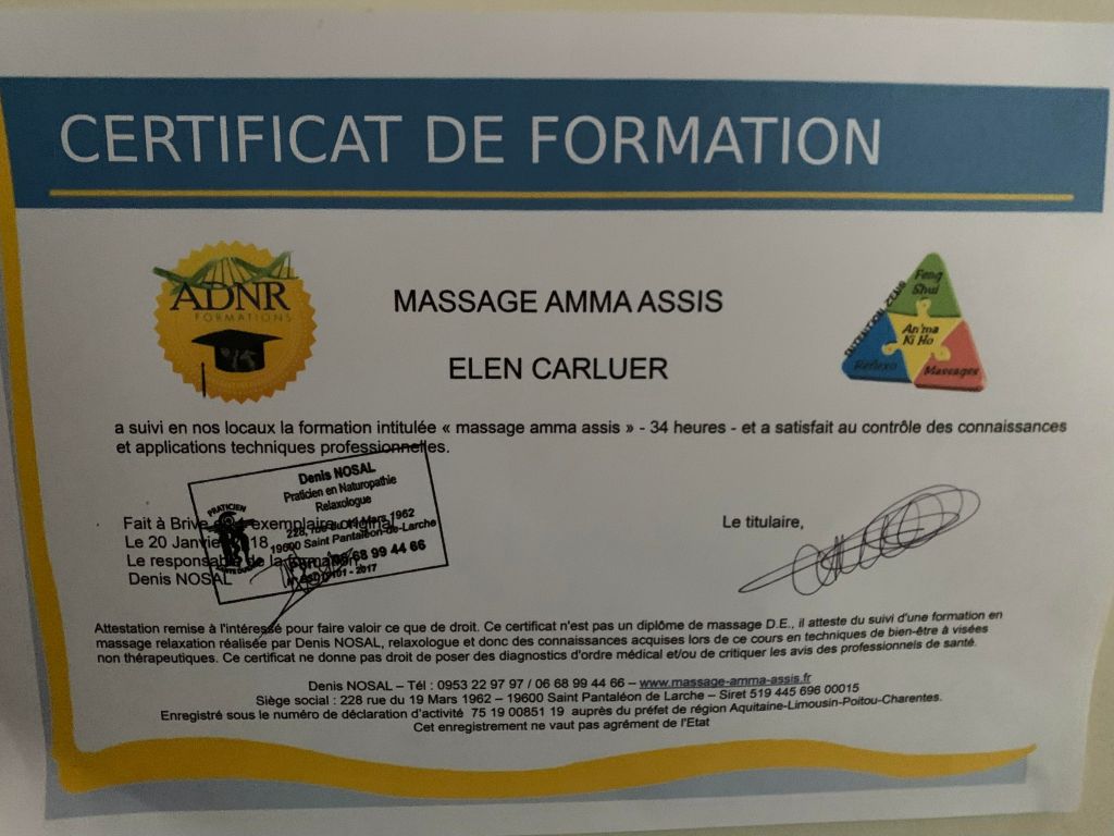 Formation chez : ADNR Formations, pour : Massage Amma Assis en 2018