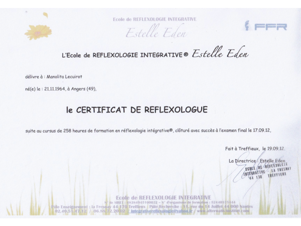 Formation chez : Ecole de réflexologie plantaire intégrative de Treffieux (49), pour : Réflexologue en 2012