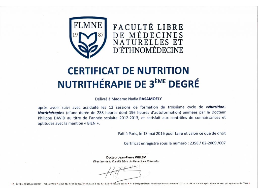 Formation chez : FLMNE, pour : Nutrithérapie et Nutrition en 2012