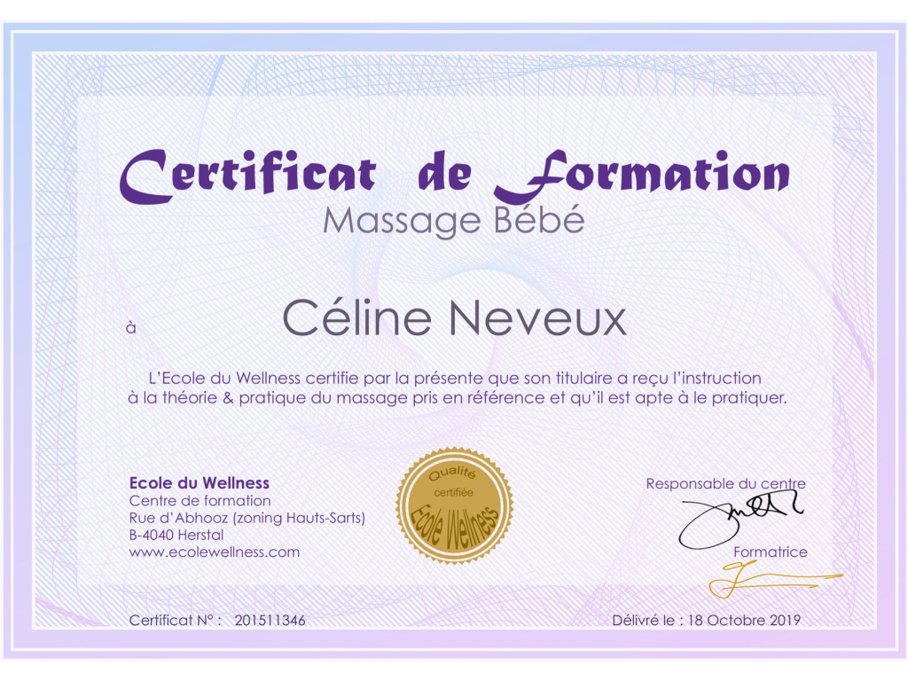 Formation chez : Ecole du Wellness, pour : Certification en massage bien-être bébé en 2019