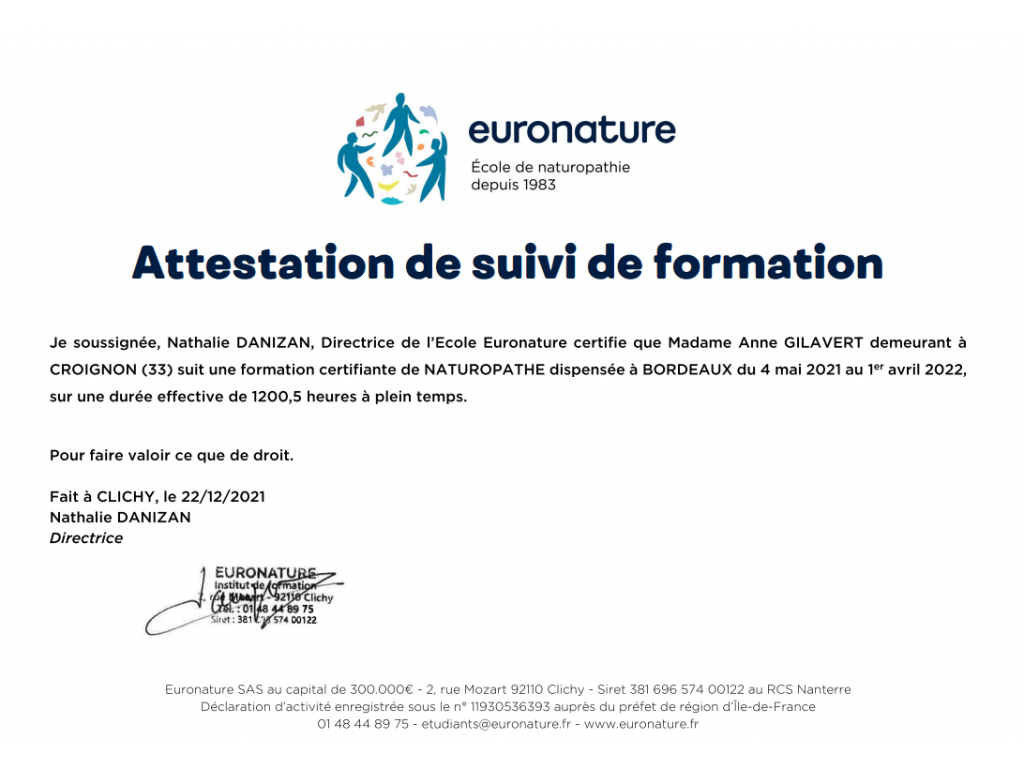 Formation chez : Euronature, pour : Naturopathe en 2021