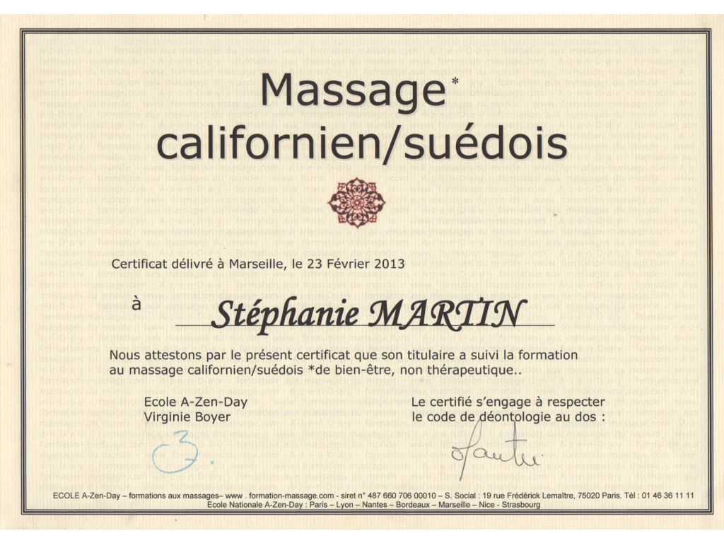 Formation chez : AZENDAY, pour : Massage Californien Suédois en 2013