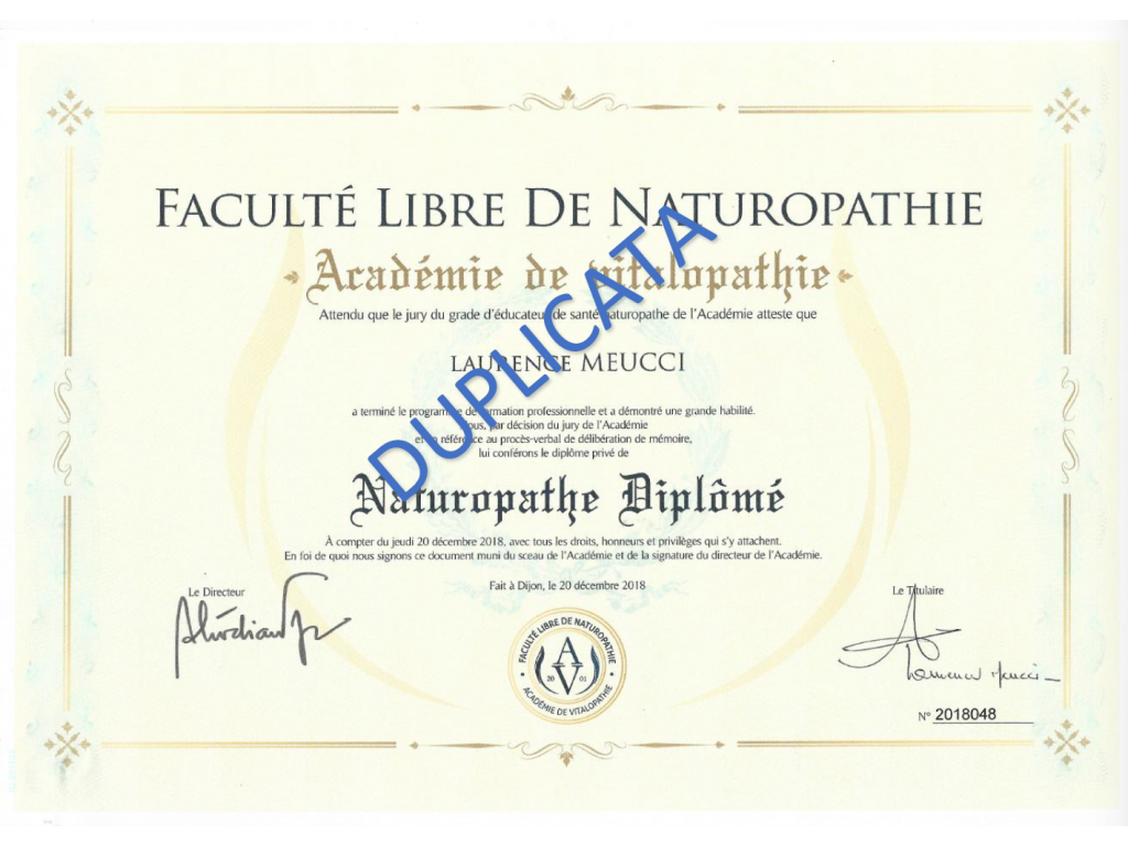 Formation chez : Académie de Vitalopathie Faculté Libre de Dijon, pour : Naturopathe N.D.  (cursus en présentiel) en 2018
