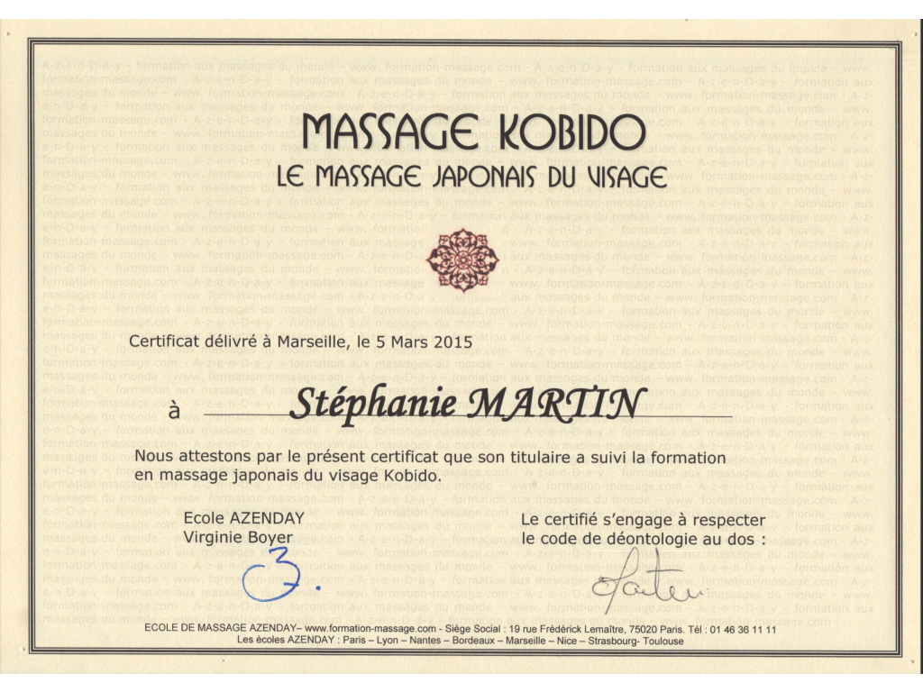 Formation chez : AZENDAY, pour : Massage Kobido en 2015