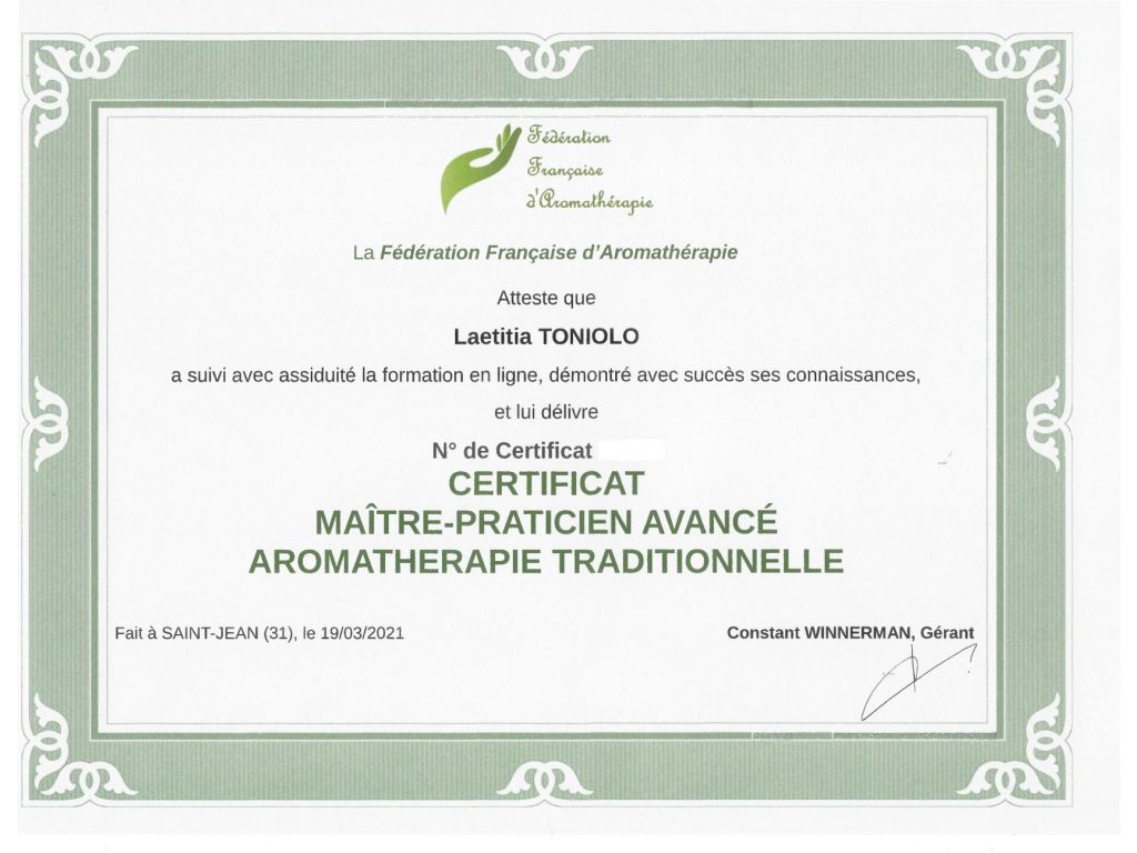 Formation chez : Fédération Française d'aromathérapie, pour : Maître-Praticien avancé aromathérapie traditionnelle en 2021
