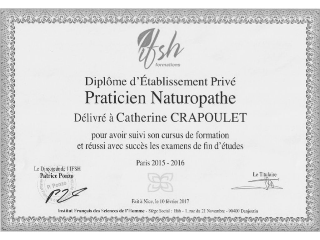 Formation chez : IFSH Paris, pour : Praticien en naturopathie en 2017