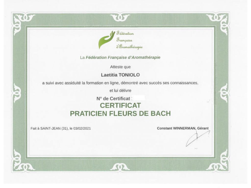 Formation chez : Fédération Française d'aromathérapie, pour : Praticien Fleurs de Bach en 2021