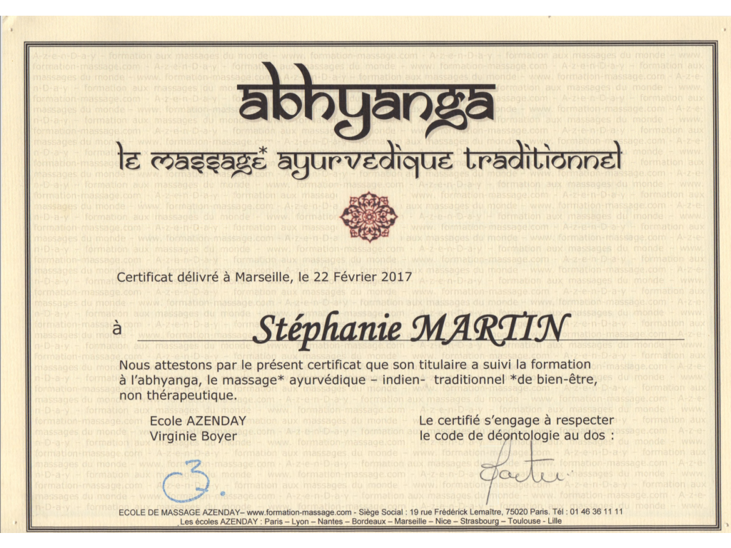 Formation chez : AZENDAY, pour : Massage Abhyanga  Ayurvédique en 2017
