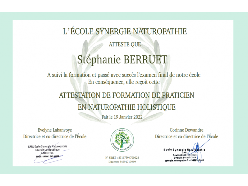 Formation chez : Ecole Synergie Naturopathie, pour : Praticien en naturopathie en 2021