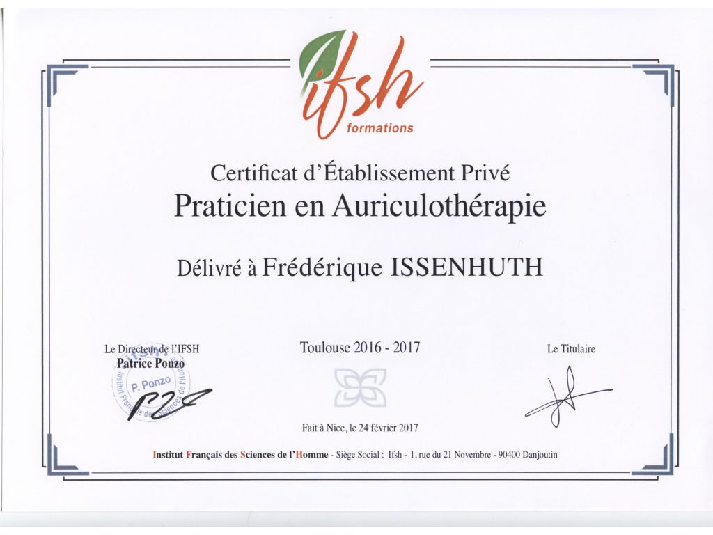 Formation chez : IFSH Toulouse, pour : Praticienne en Auriculothérapie en 2017