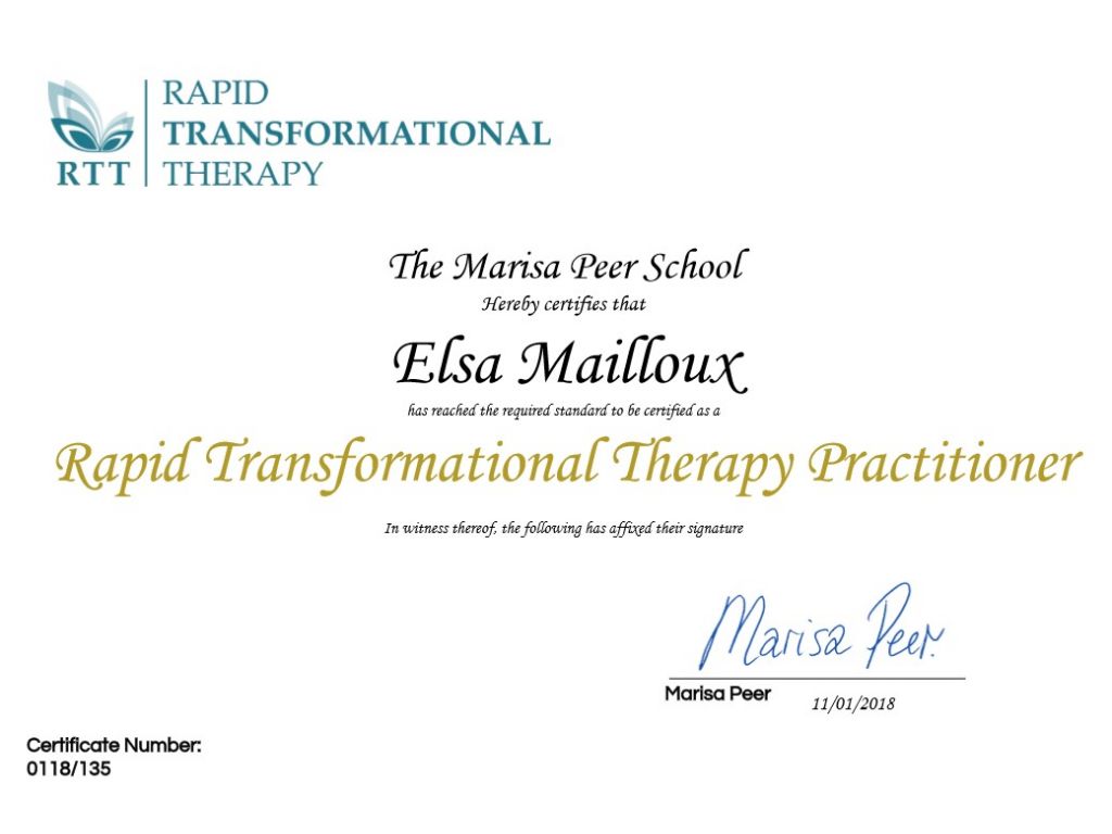 Formation chez : Marisa Peer School of Hypnotherapy, pour : Rapid Transformational Therapy Practitioner en 2018