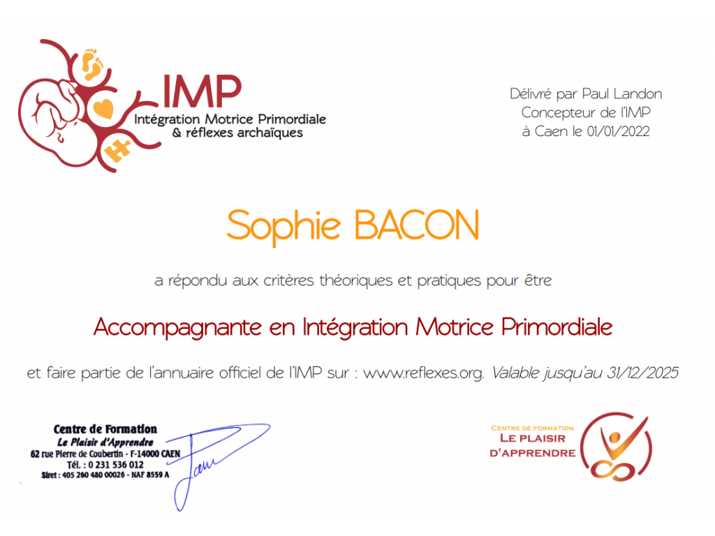Formation chez : IPM, pour : Accompagnante en intégration Motrice Primordiale en 2022