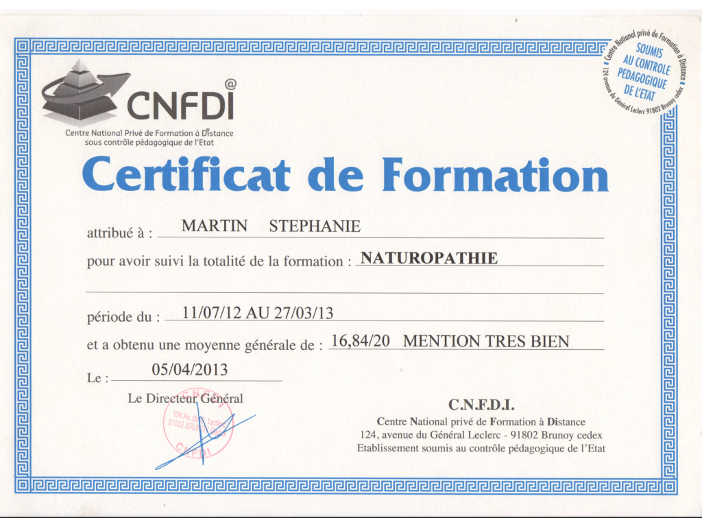 Formation chez : CNFDI, pour : Naturopathie en 2013