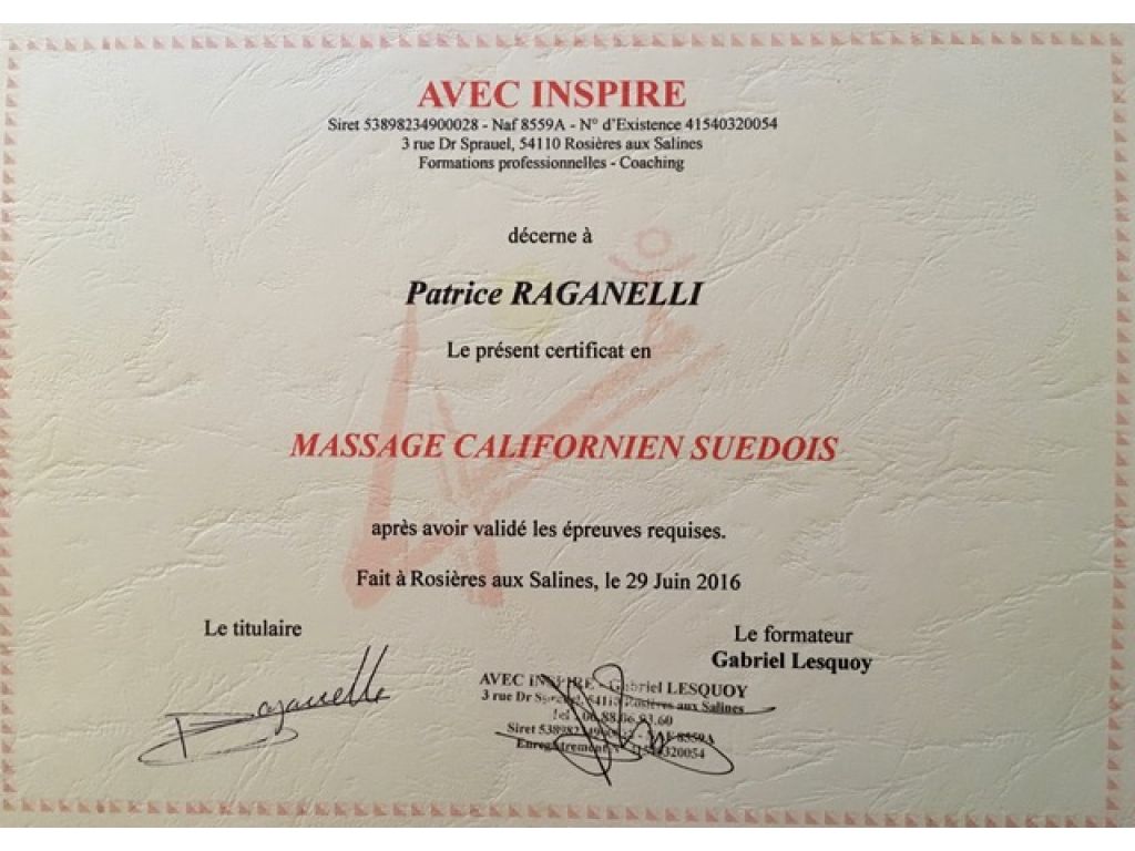 Formation chez : Avec Inspire, pour : Massage Californien en 2016