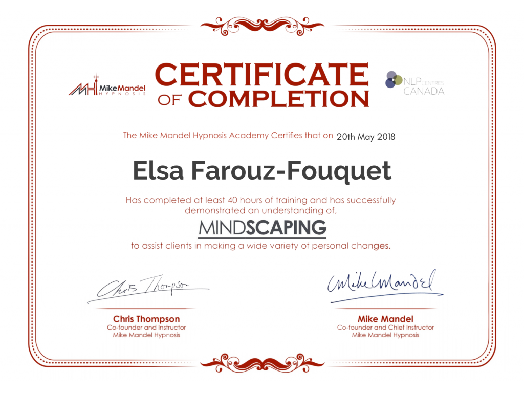 Formation chez : Mike Mandel Hypnosis, pour : Mindscaping Certification en 2019