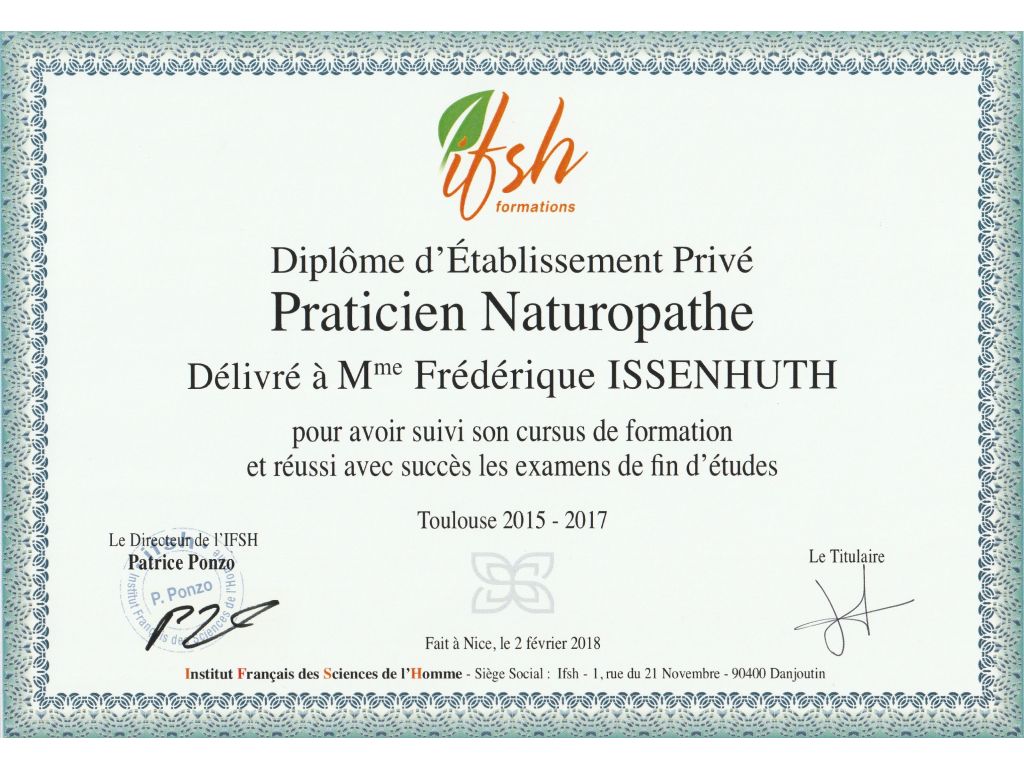 Formation chez : IFSH Toulouse, pour : Praticienne en Naturopathie en 2018