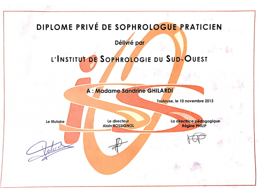 Formation chez : Institut de Sophrologie du Sud-Ouest, pour : Sophrologue praticien en 2013